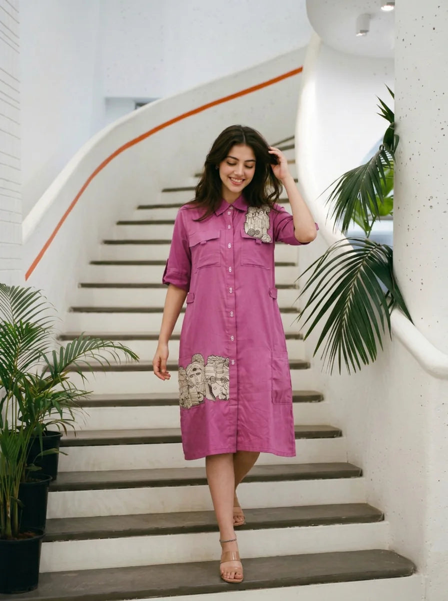Purple Cotton Satin Patch Detailed Print Mini Dress