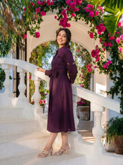 Purple Embroidered Cotton Flared Dress