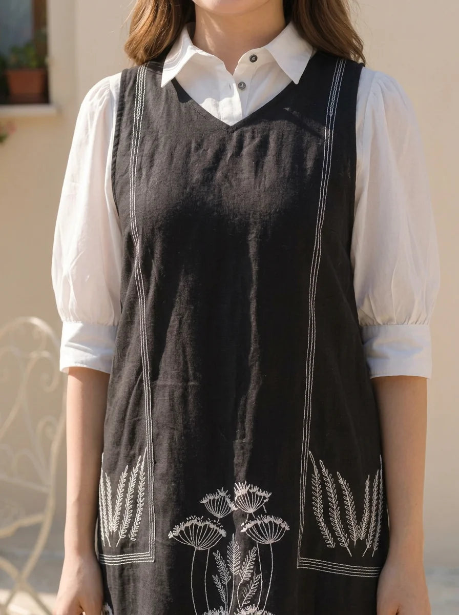 Black  Cotton Flex Embroidered Mini Shirt Dress