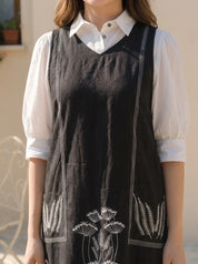 Black  Cotton Flex Embroidered Mini Shirt Dress