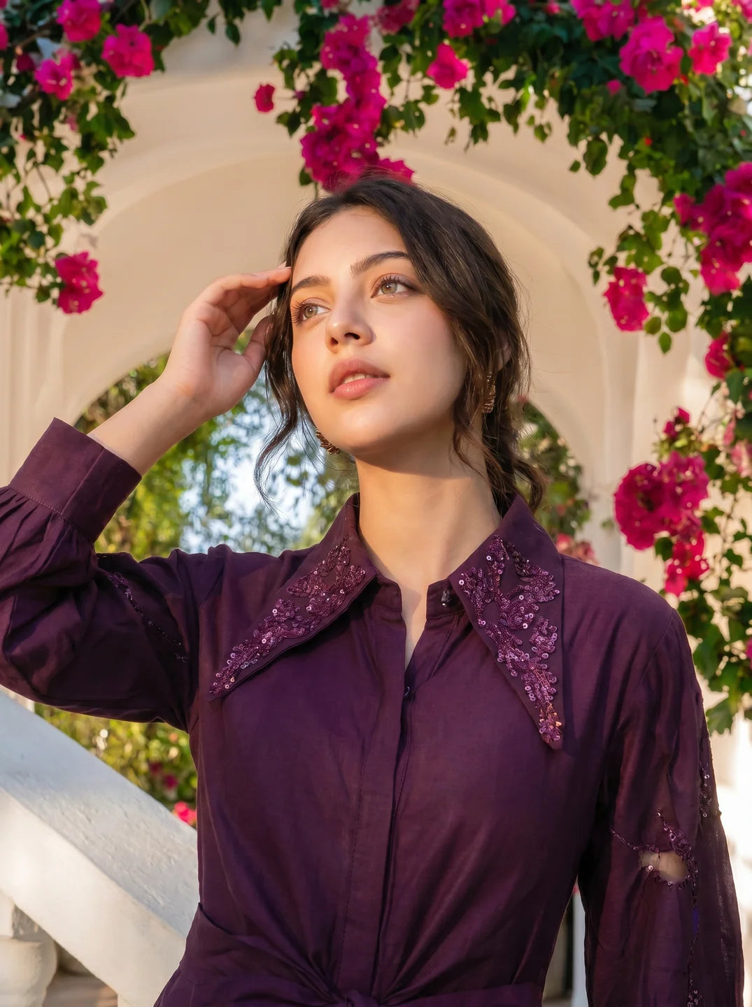 Purple Embroidered Cotton Flared Dress