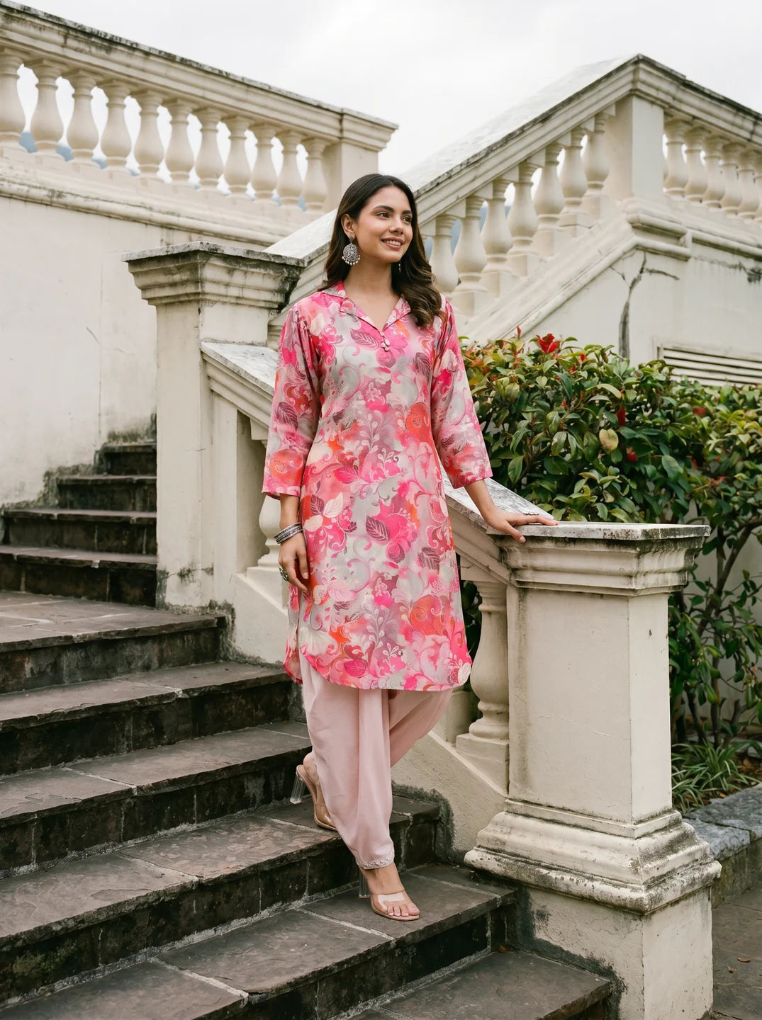 Pink Floral Printed Muslin Shawl Collar Kurta with Tulip Dhoti Pants