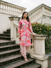 Pink Floral Printed Muslin Shawl Collar Kurta with Tulip Dhoti Pants