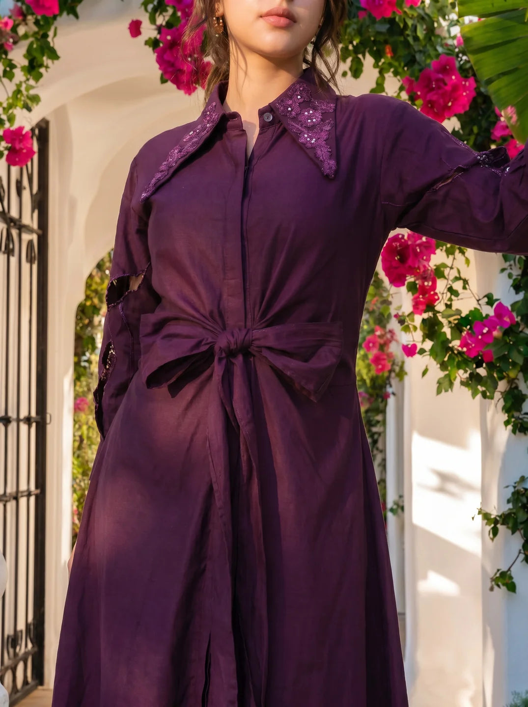 Purple Embroidered Cotton Flared Dress