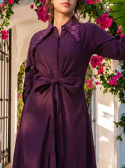 Purple Embroidered Cotton Flared Dress