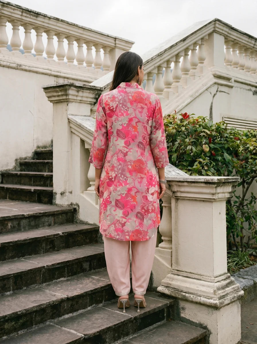 Pink Floral Printed Muslin Shawl Collar Kurta with Tulip Dhoti Pants