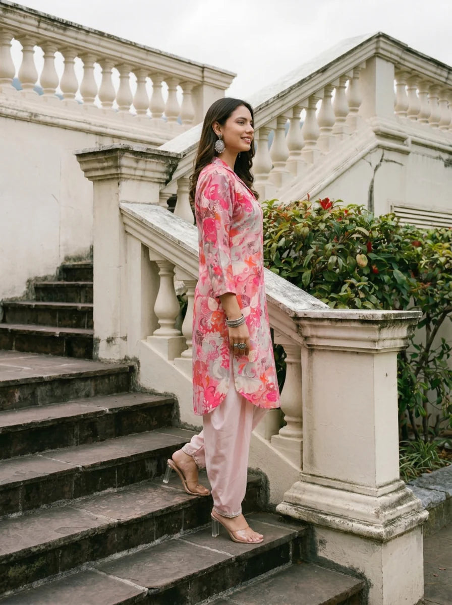 Pink Floral Printed Muslin Shawl Collar Kurta with Tulip Dhoti Pants