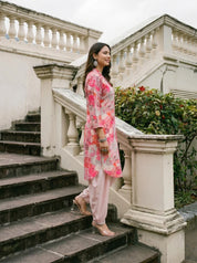Pink Floral Printed Muslin Shawl Collar Kurta with Tulip Dhoti Pants