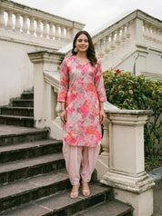Pink Floral Printed Muslin Shawl Collar Kurta with Tulip Dhoti Pants