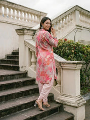 Pink Floral Printed Muslin Shawl Collar Kurta with Tulip Dhoti Pants