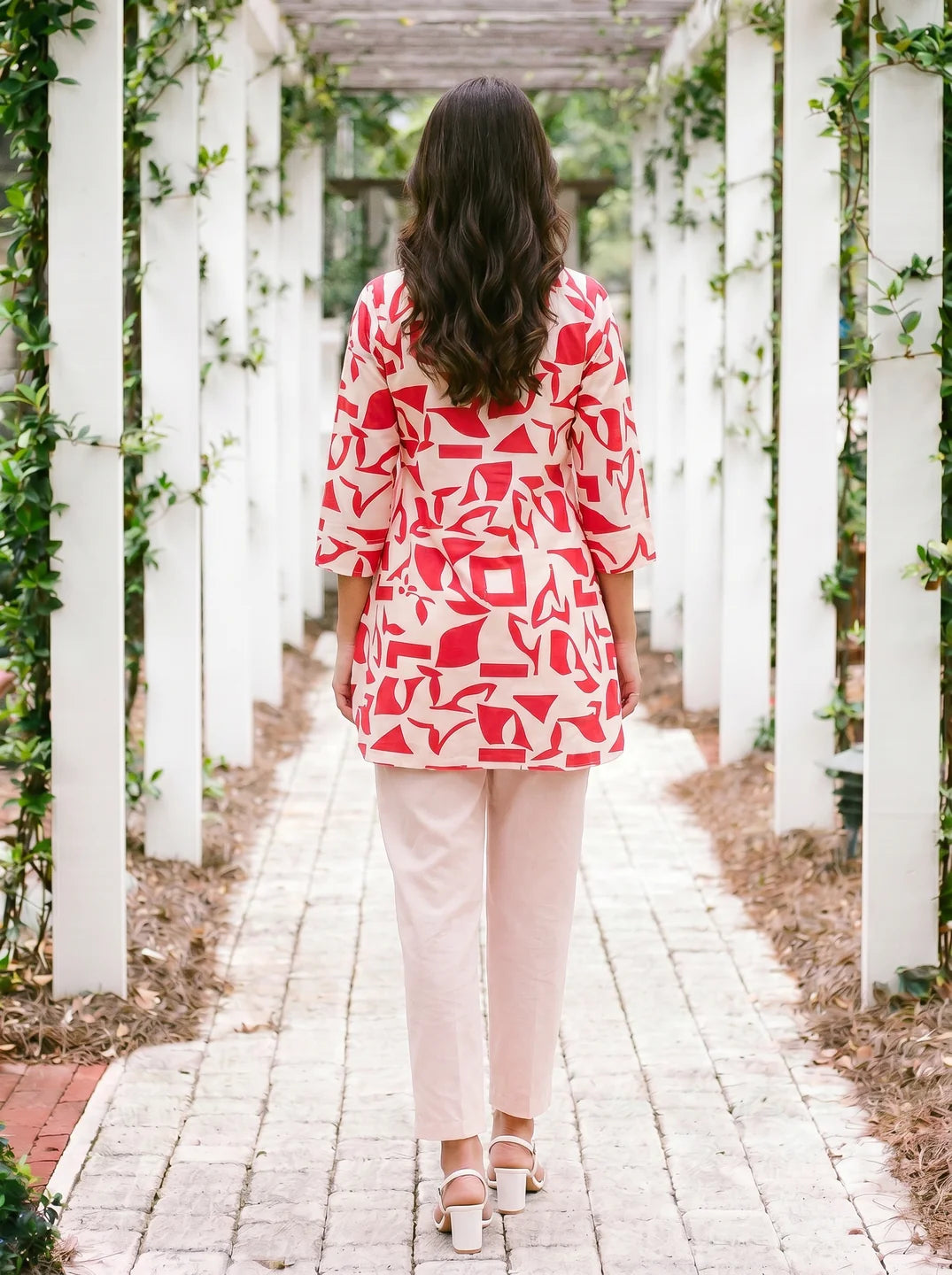 Cream & Red Abstract Print Cotton Flex Co-ord Set