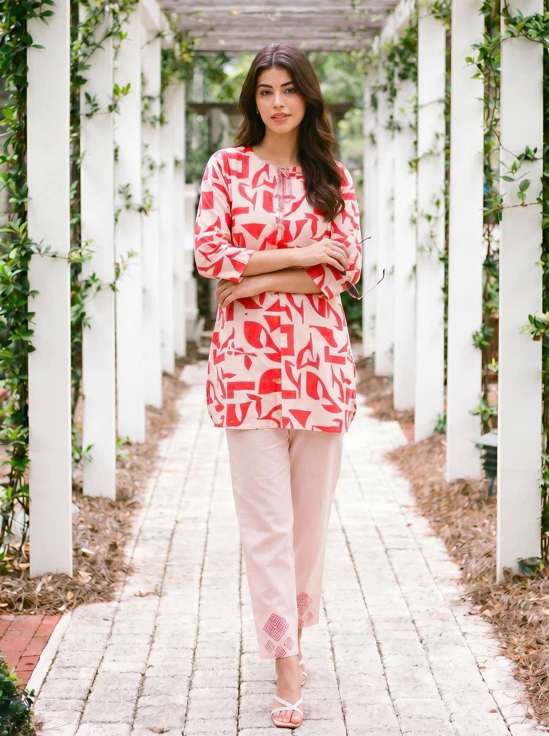 Cream & Red Abstract Print Cotton Flex Co-ord Set