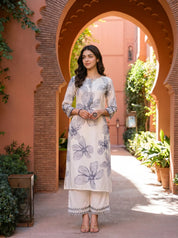 Monochrome Leaf Motif Embroidered Rayon Kurta Set