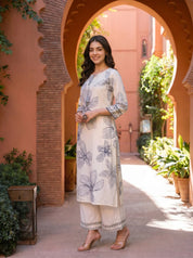 Monochrome Leaf Motif Embroidered Rayon Kurta Set