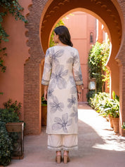 Monochrome Leaf Motif Embroidered Rayon Kurta Set