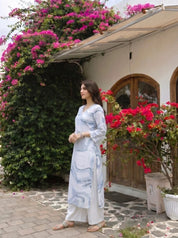 White-Grey Rayon Marble Dye Printed seep neckline work Kurta With Palazzo set