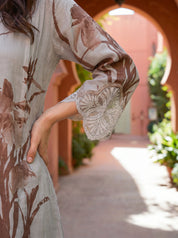 Light Grey & Brown Printed Co-ord Set with Lace Cutwork in Cotton