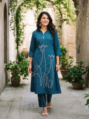 Peacock Blue Animal Motif Cord Work Kurta Set in Cotton Cambric