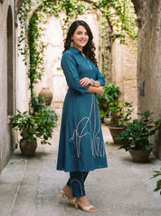 Peacock Blue Animal Motif Cord Work Kurta Set in Cotton Cambric