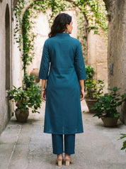 Peacock Blue Animal Motif Cord Work Kurta Set in Cotton Cambric