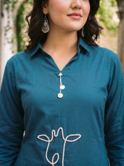 Peacock Blue Animal Motif Cord Work Kurta Set in Cotton Cambric