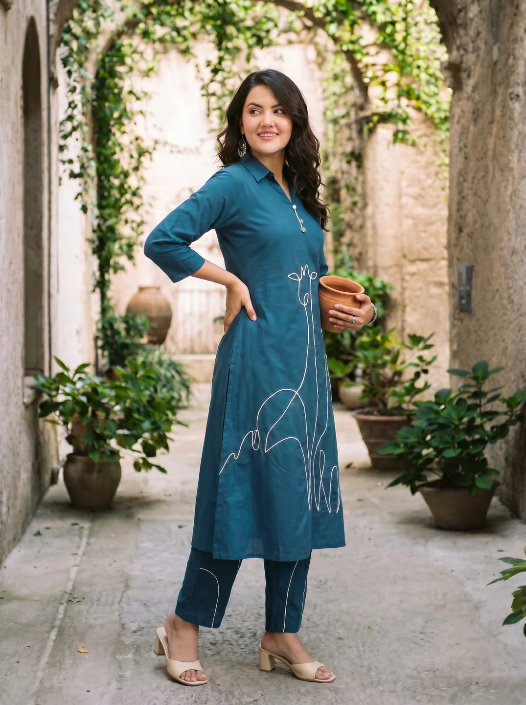 Peacock Blue Animal Motif Cord Work Kurta Set in Cotton Cambric