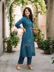 Peacock Blue Animal Motif Cord Work Kurta Set in Cotton Cambric