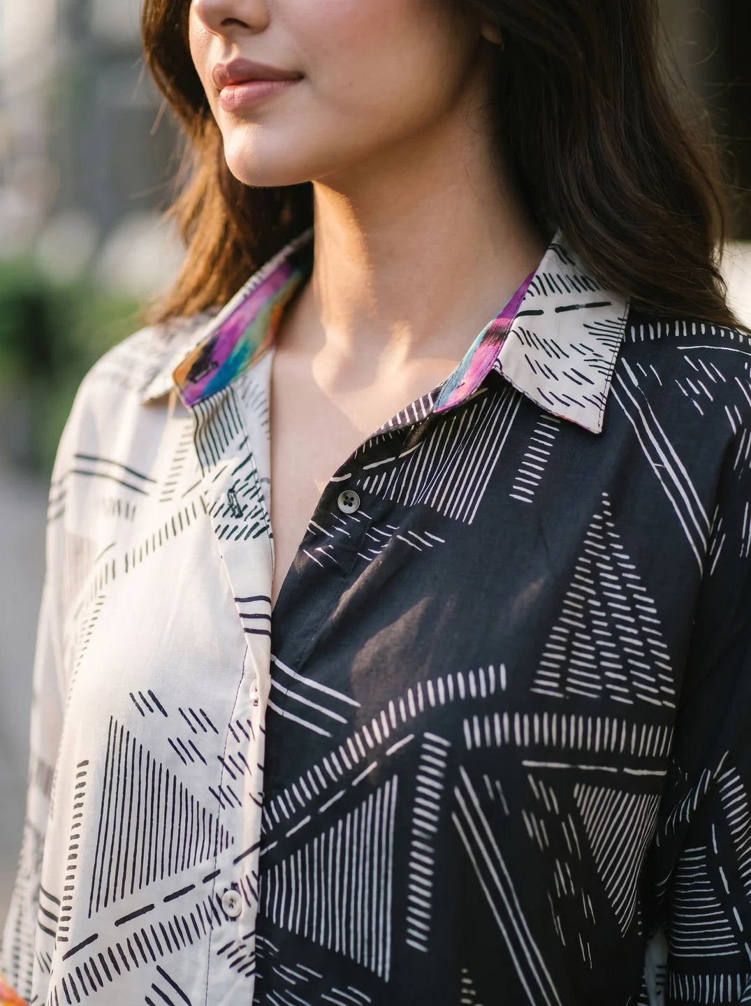 Cream & Black Abstract Stripe 3/4 Sleeve Viscose Shirt