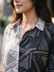 Cream & Black Abstract Stripe 3/4 Sleeve Viscose Shirt