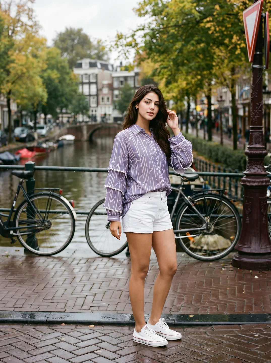 Iris Purple Viscose Flared Shirt with Lace Detailing & Full Sleeves
