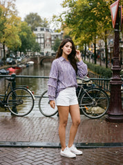 Iris Purple Viscose Flared Shirt with Lace Detailing & Full Sleeves