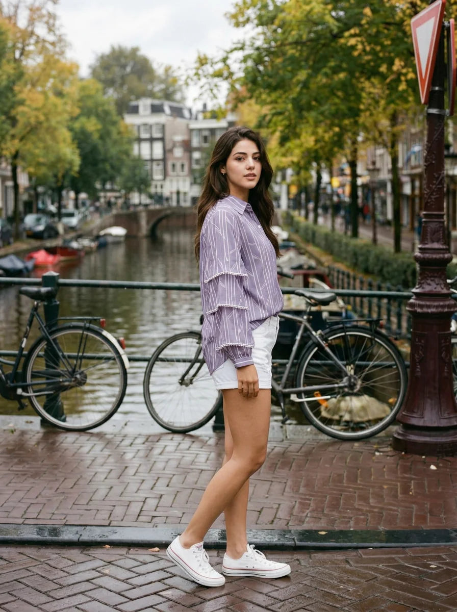 Iris Purple Viscose Flared Shirt with Lace Detailing & Full Sleeves