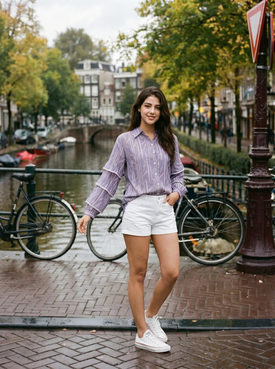 Iris Purple Viscose Flared Shirt with Lace Detailing & Full Sleeves