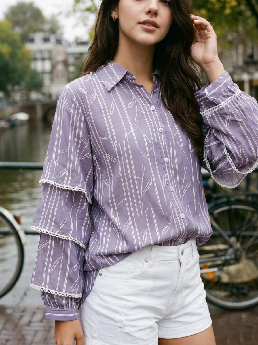 Iris Purple Viscose Flared Shirt with Lace Detailing & Full Sleeves
