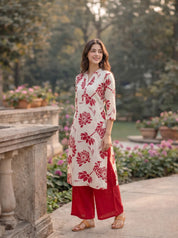 Red Floral Printed Wooden Button Long Kurti in Cotton Slub