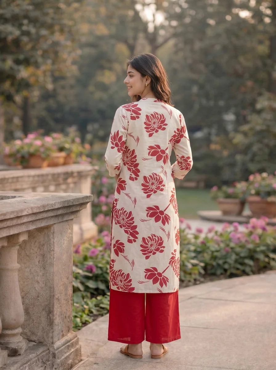 Red Floral Printed Wooden Button Long Kurti in Cotton Slub