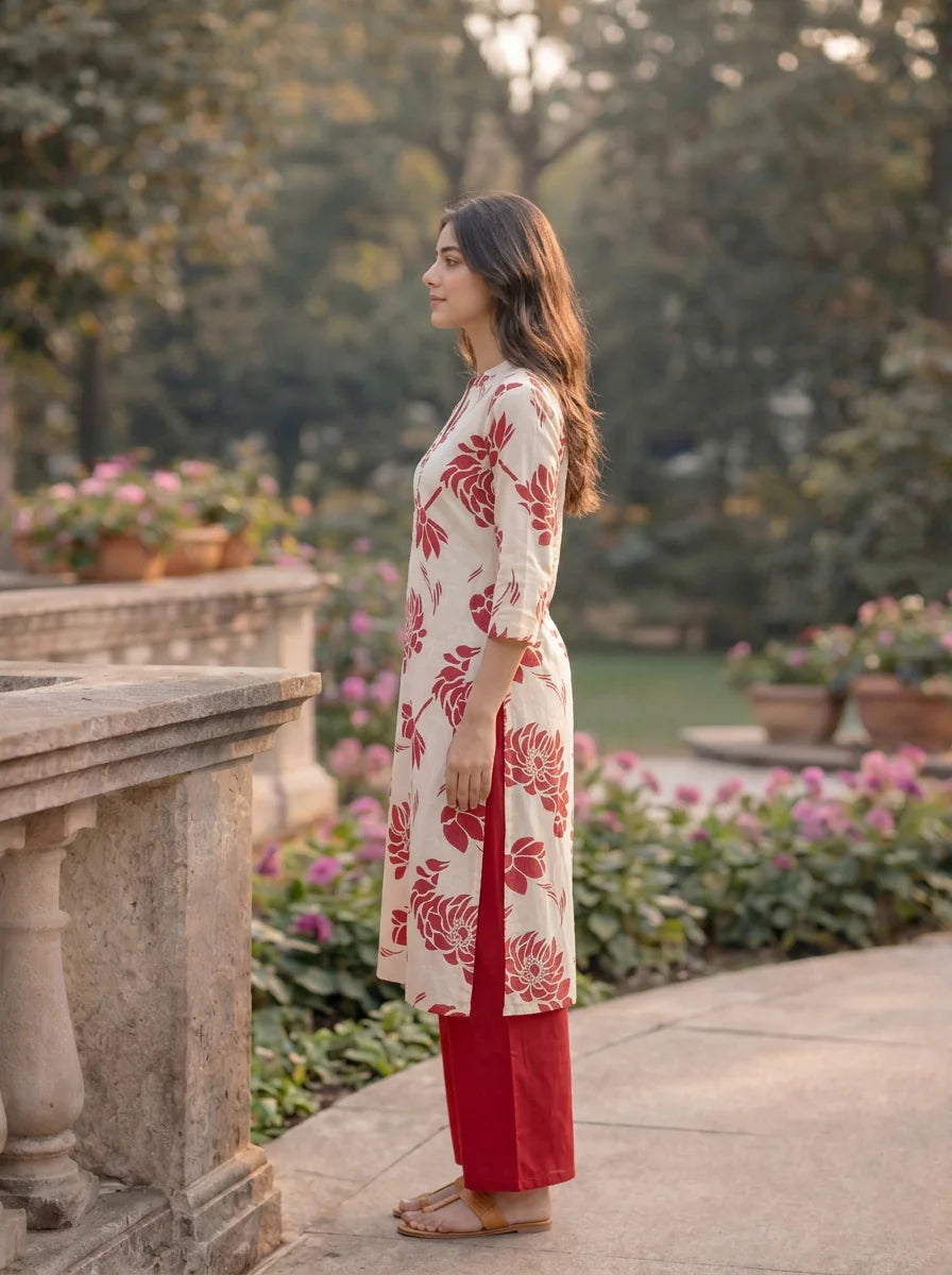 Red Floral Printed Wooden Button Long Kurti in Cotton Slub