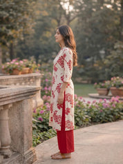 Red Floral Printed Wooden Button Long Kurti in Cotton Slub