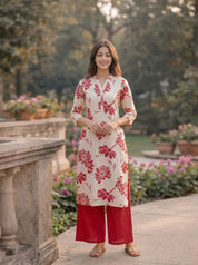 Red Floral Printed Wooden Button Long Kurti in Cotton Slub