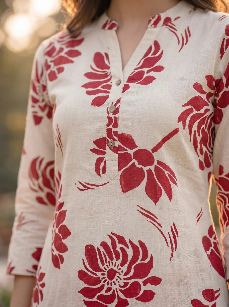Red Floral Printed Wooden Button Long Kurti in Cotton Slub