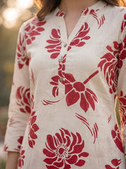 Red Floral Printed Wooden Button Long Kurti in Cotton Slub