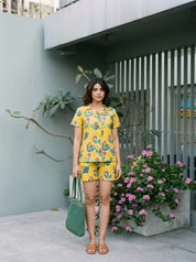 Corn Yellow Abstract Print Cotton Cambric Shirt & Shorts Co-Ord Set