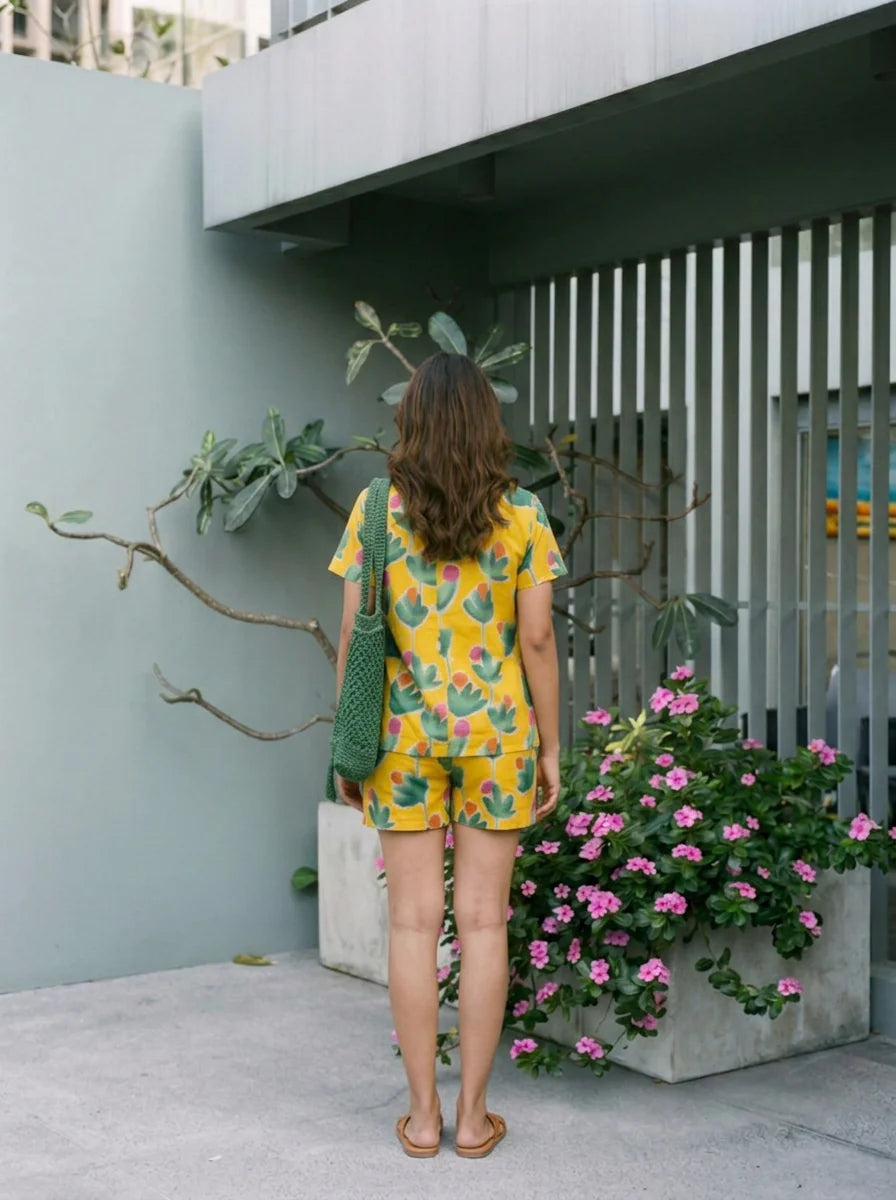 Corn Yellow Abstract Print Cotton Cambric Shirt & Shorts Co-Ord Set