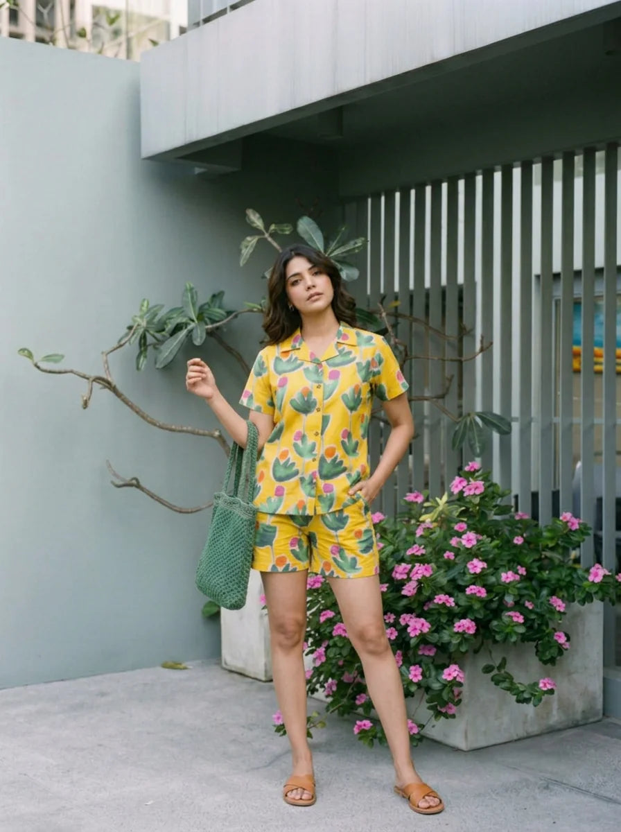 Corn Yellow Abstract Print Cotton Cambric Shirt & Shorts Co-Ord Set
