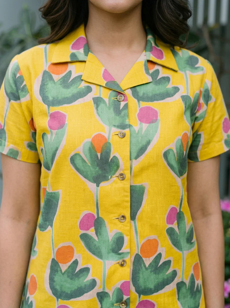 Corn Yellow Abstract Print Cotton Cambric Shirt & Shorts Co-Ord Set