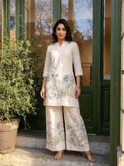 Ivory Floral Kurta & Wide-Leg Cotton Flex Co-ord Set