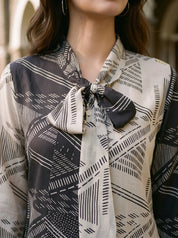 Black & Cream Abstract Printed Tie-Collar Top