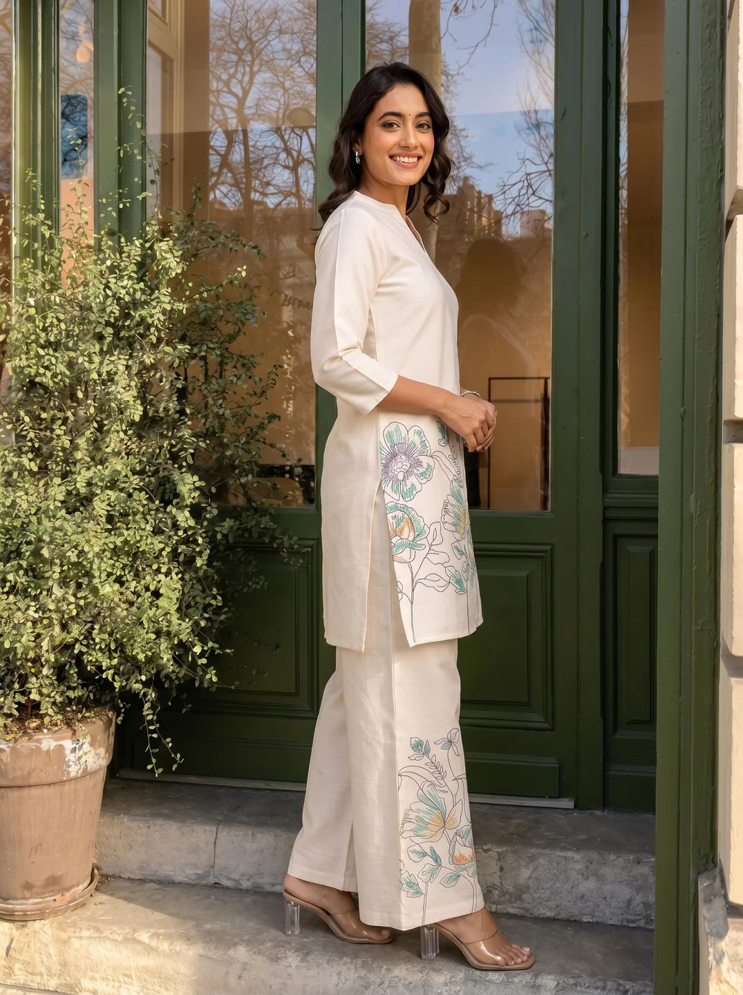 Ivory Floral Kurta & Wide-Leg Cotton Flex Co-ord Set