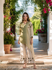 Olive Green Dip Dye Embroidered Sequin Work Co-Ord Set in Chinon