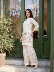 Cream Floral Kurta & Wide-Leg Cotton Flex Co-ord Set